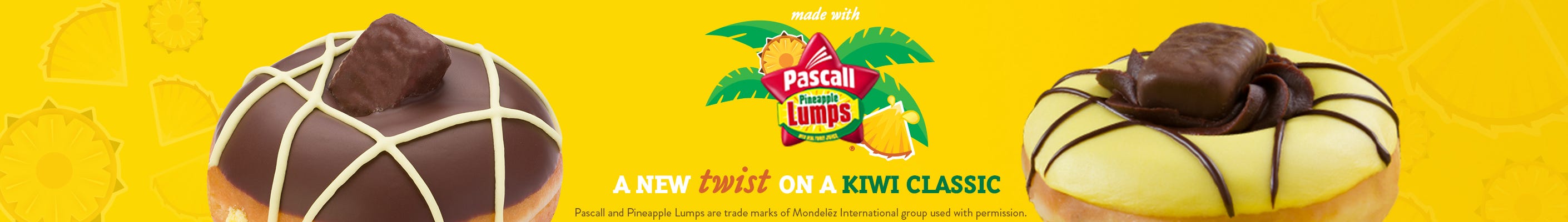 Pascall Pineapple Lumps colouring and logo - banner image featuring yellow background and 2 pineapple lumps inspred doughnuts in chocolate and pineapple icing.