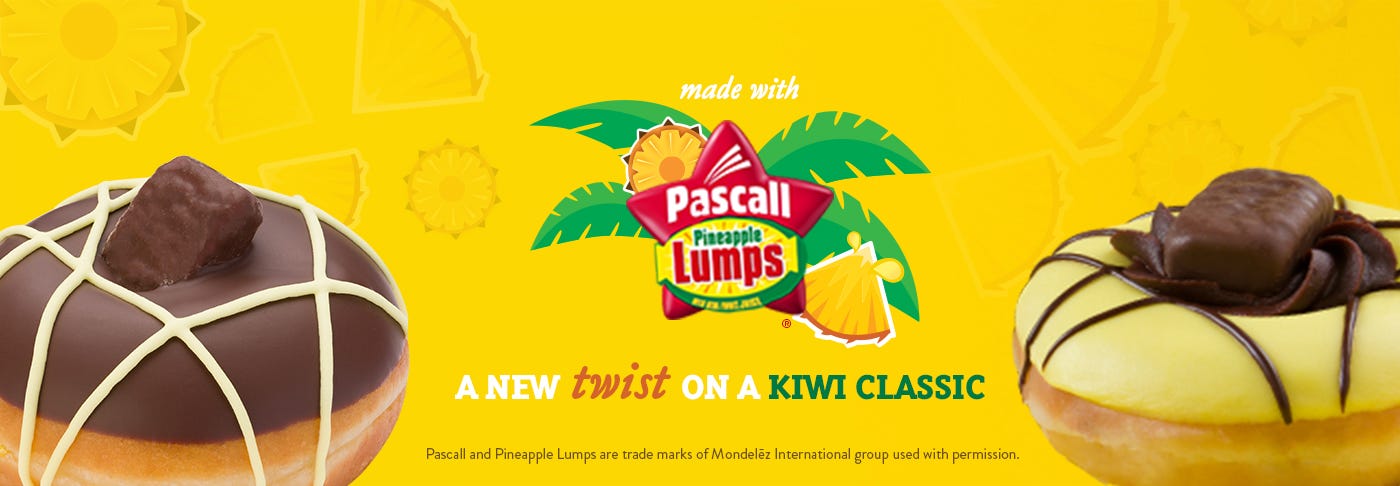 Pascall Pineapple Lumps colouring and logo - banner image featuring yellow background and 2 pineapple lumps inspred doughnuts in chocolate and pineapple icing.
